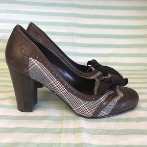 Franco Sarto Brown Leather Plaid and Chunky Heel
